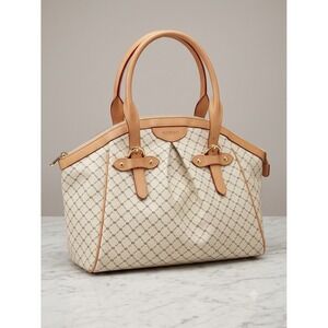 Rioni Signature Monogram Dome Satchel Handbag Cream Tan Leather Trim